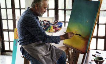 Artist painting artwork at workspace