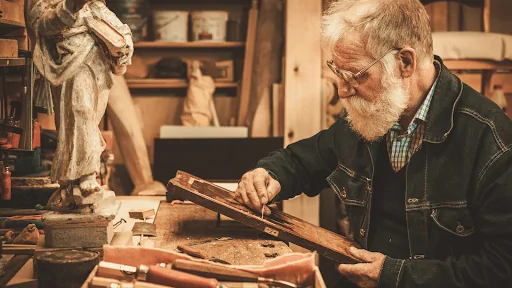 A grey-haired gentleman restoring a piece of art